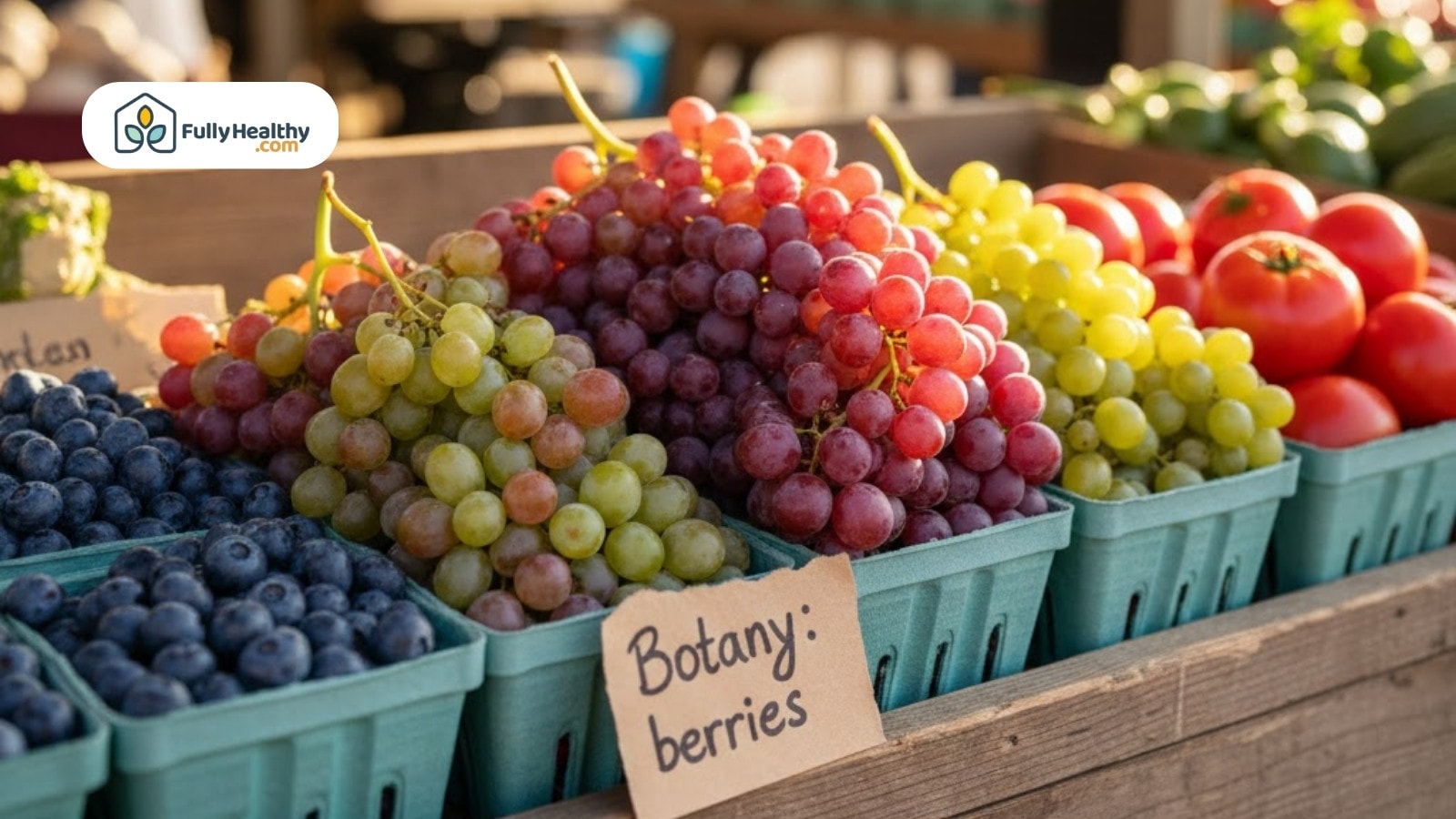 Mixed grapes and berries labeled as botanical berries at outdoor market stall