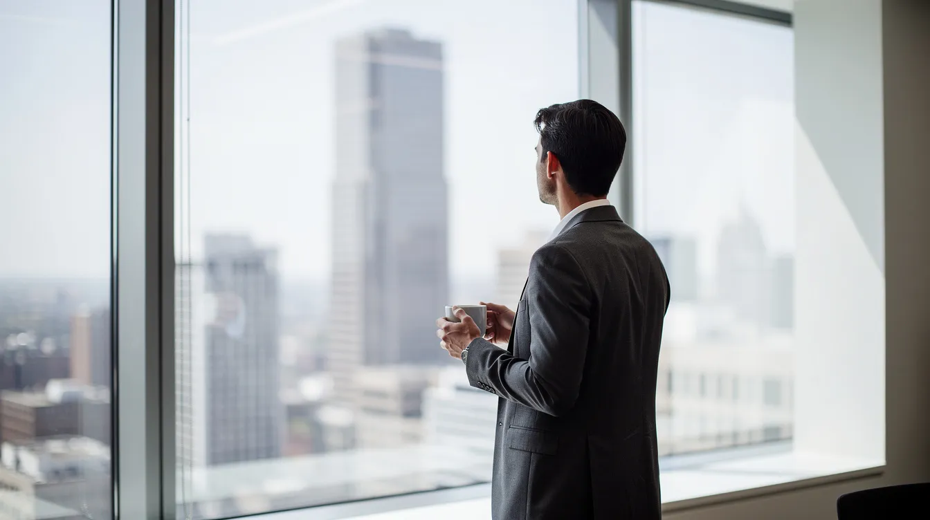 Une personne se tient debout devant une grande fenêtre de bureau moderne, tenant une tasse à la main et regardant calmement vers l'extérieur, symbolisant la nécessité de prendre du recul et d'apprendre à lâcher prise au travail pour améliorer sa santé mentale et son bien-être.
