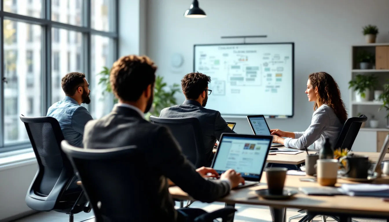 In a modern workplace, employees engage in digital collaboration, demonstrating effective change management strategies during an organizational change initiative. The scene captures diverse team members working together, emphasizing communication and a structured approach to managing change and achieving successful outcomes.