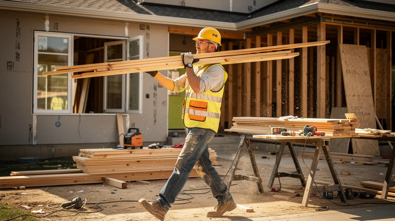 The image shows a construction worker on a residential renovation site, actively carrying building materials such as lumber and tools. This scene reflects the ongoing home improvements that can enhance a property's value, potentially impacting its equity and mortgage refinancing options.