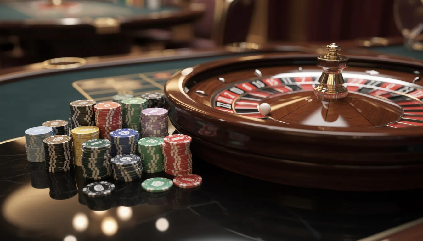 En bild av ett roulettehjul med staplade casinoklipp bredvid. Hjulet är färgglatt och ger en känsla av spänning som man kan uppleva på ett online casino som dreamz.