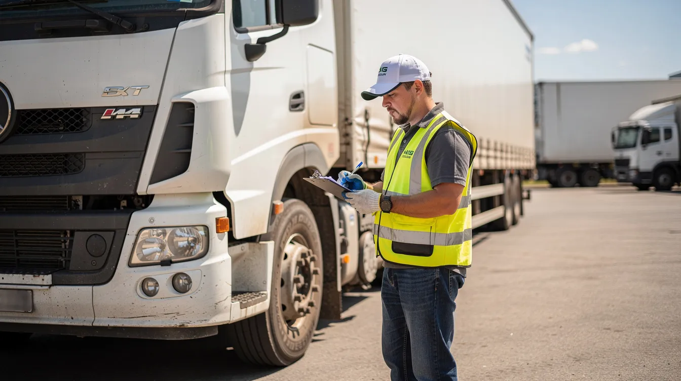 A professional truck driver is inspecting a vehicle closely while taking notes on a clipboard, likely assessing it for door to door auto transport services. The scene emphasizes the attention to detail required in the auto shipping process, ensuring that every vehicle is ready for safe transport.
