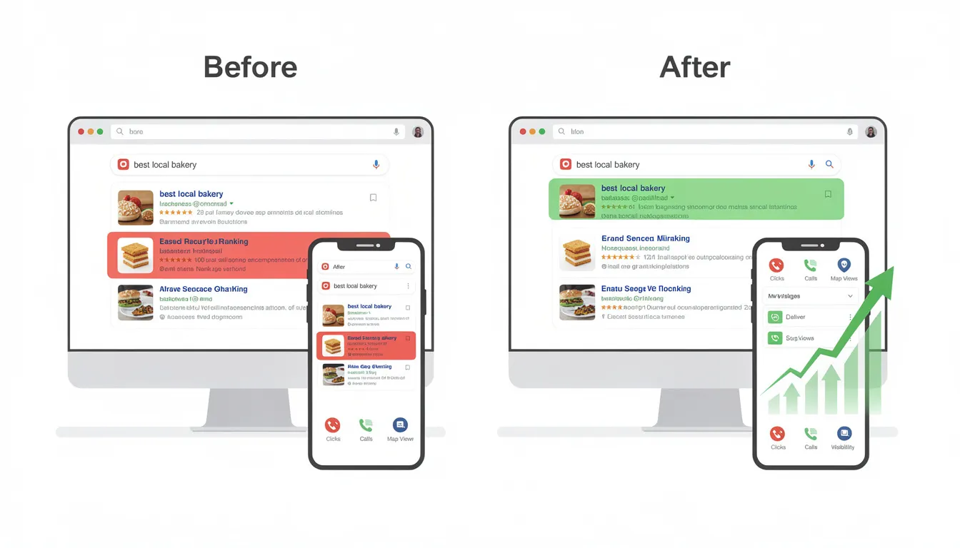 The image shows a side-by-side comparison of local search ranking improvements, illustrating the changes in a business's visibility on Google Maps and other search engines. The "before" section highlights lower rankings with fewer positive reviews, while the "after" section demonstrates enhanced local SEO efforts, resulting in higher search results, increased customer engagement, and a more prominent Google Business Profile.