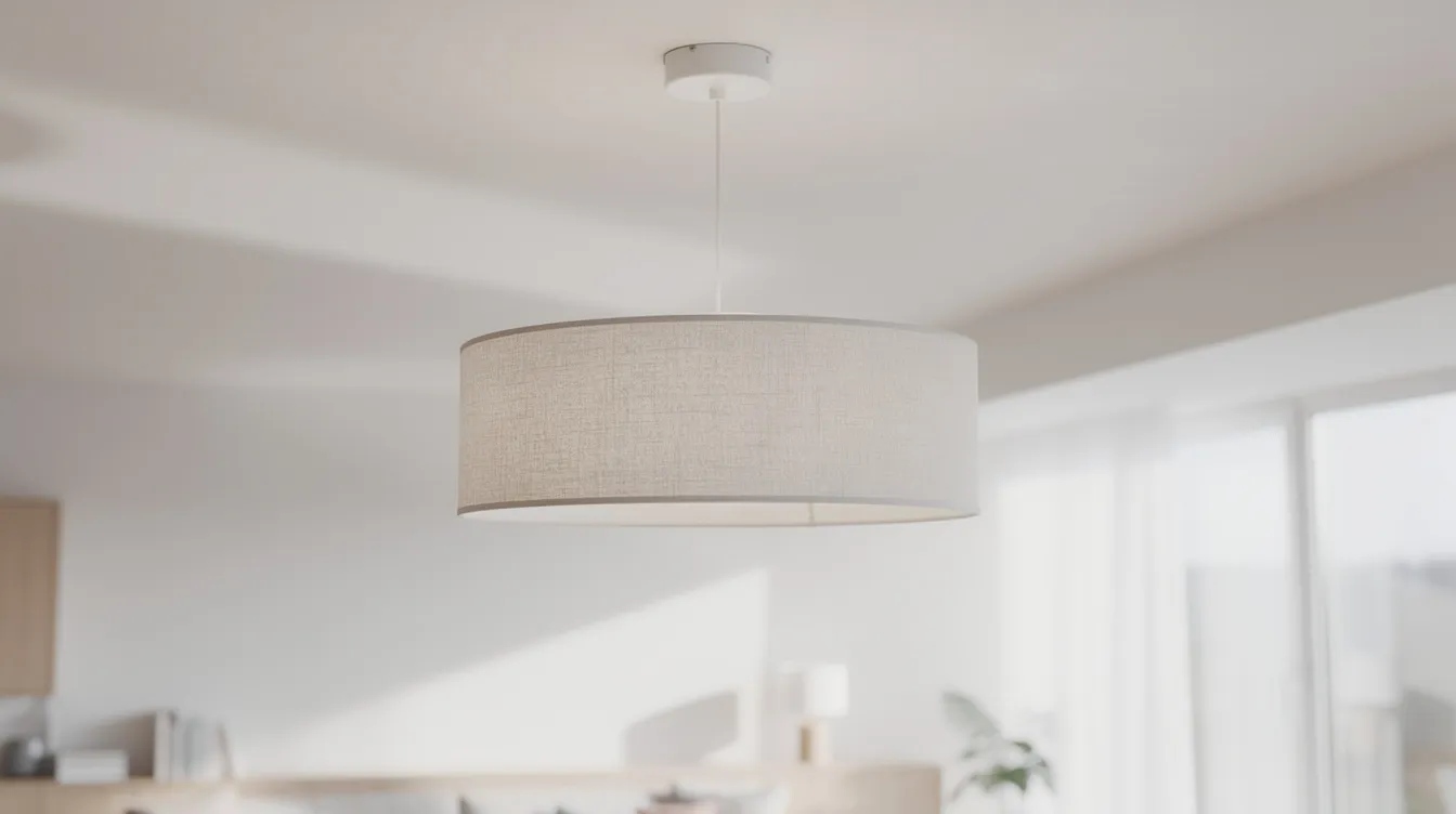 En modern taklampa i textil hänger elegant från ett vitt tak i en ljus bostad, vilket ger rummet en varm och inbjudande atmosfär. Lampan är ansluten till en takkontakt och erbjuder både jordade och ojordade lamputtag för flexibilitet.