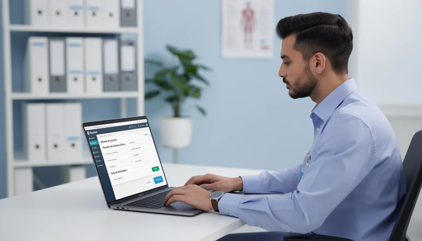 Una persona está configurando campos en un software de gestión clínica desde su laptop, asegurándose de que la información de sus pacientes esté organizada en formato digital para mejorar la calidad de la atención en clínicas digitales. Este proceso permite automatizar tareas administrativas y gestionar la historia clínica de manera segura y eficiente.