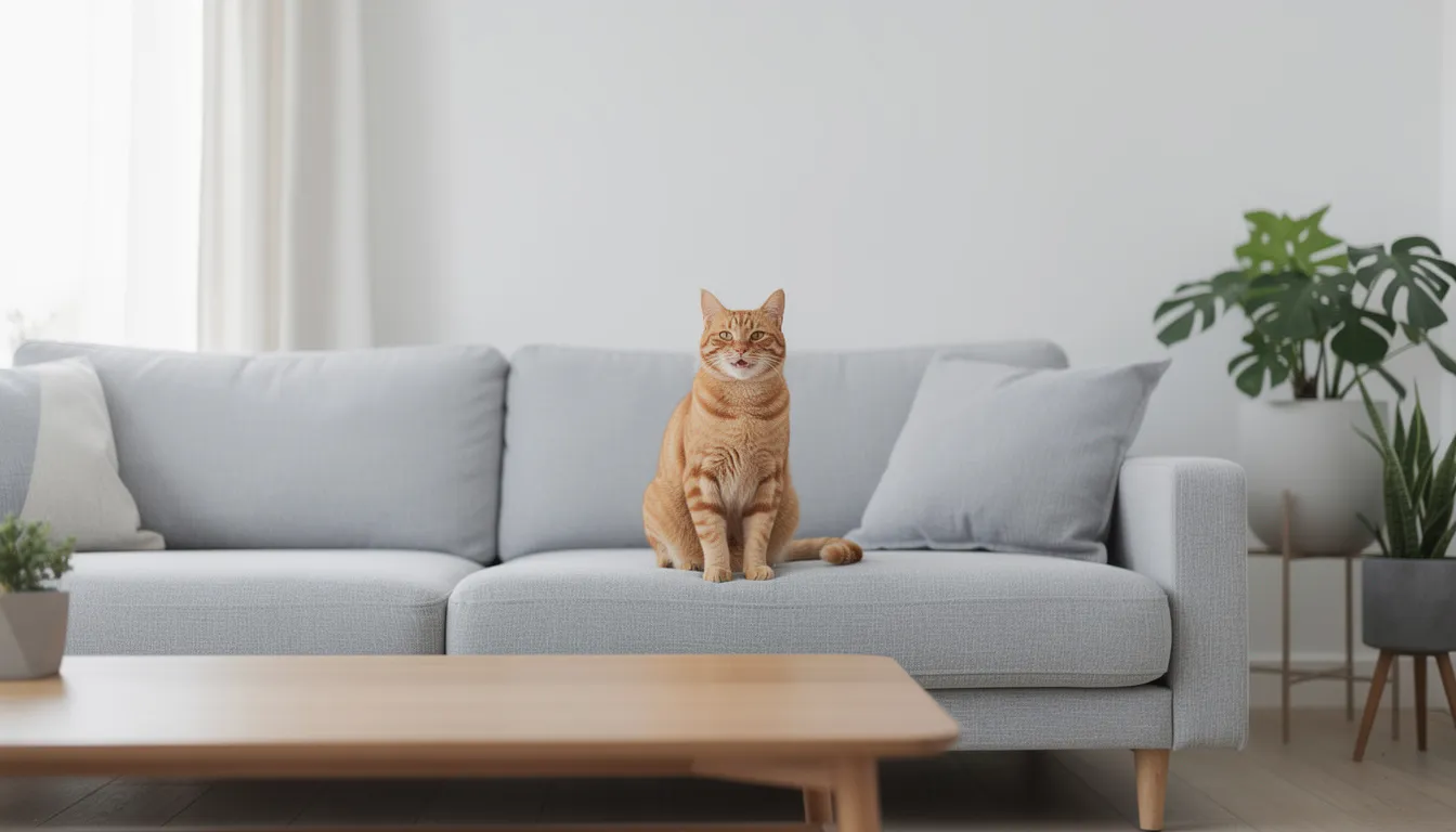 Een blije oranje kat zit ontspannen in een moderne, schone woonkamer. Deze ruimte straalt frisheid uit, mogelijk dankzij een kattenbak luchtverfrisser die de penetrante geur van kattenurine neutraliseert.