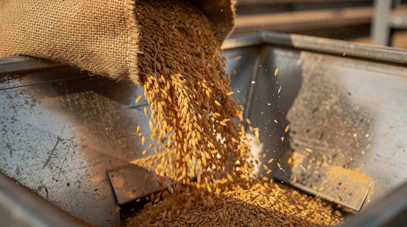 f07b3037 b1bd 4e71 81ab c0de97bc435c A close-up view shows golden wheat grains flowing from a jute sack into a metal hopper at a grain receiving station, highlighting the beginning of the wheat milling process essential for producing high-quality wheat flour. This scene is a crucial part of the wheat flour manufacturing process, ensuring the grains are ready for further processing in the flour mill.