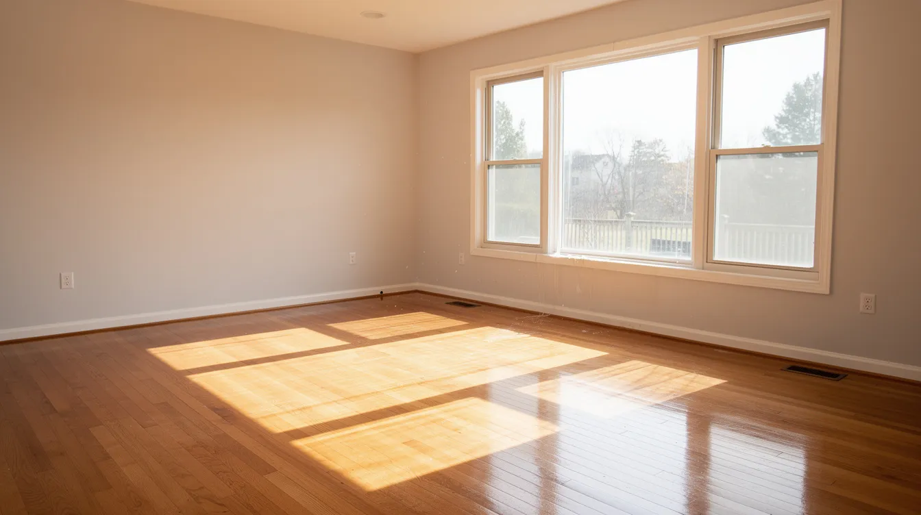 The image depicts a clean, empty living room with polished hardwood floors, bathed in sunlight streaming through large windows, creating a bright and inviting atmosphere. This serene space could serve as a perfect backdrop for piano moving services, showcasing the potential for placing a grand piano or upright piano in a new home.