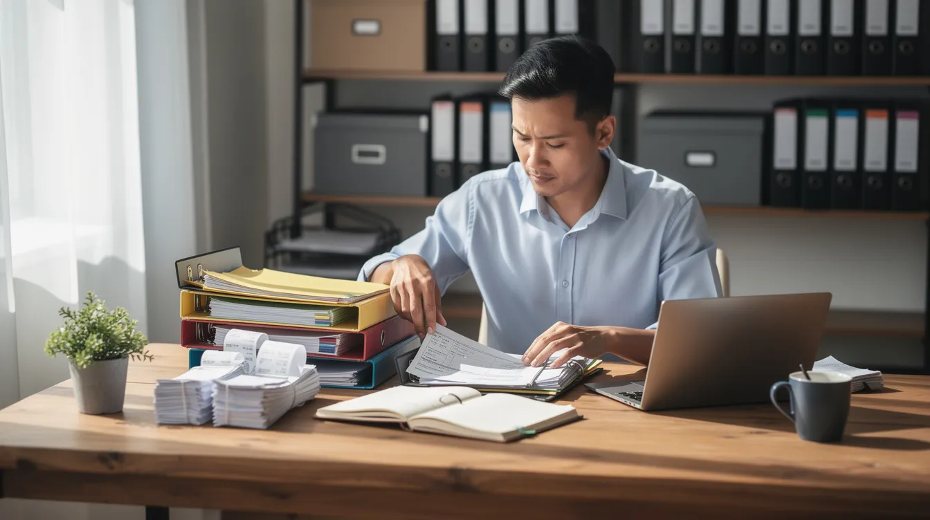 f07be943 ccad 4cc6 9844 616a76d3b118 The image shows a small business owner meticulously organizing documents and files on a wooden desk, likely preparing for a mudra loan application or reviewing their basic business plan. The scene conveys a sense of diligence and focus as the owner ensures all necessary paperwork, such as bank statements and business proof, is in order for loan approval.