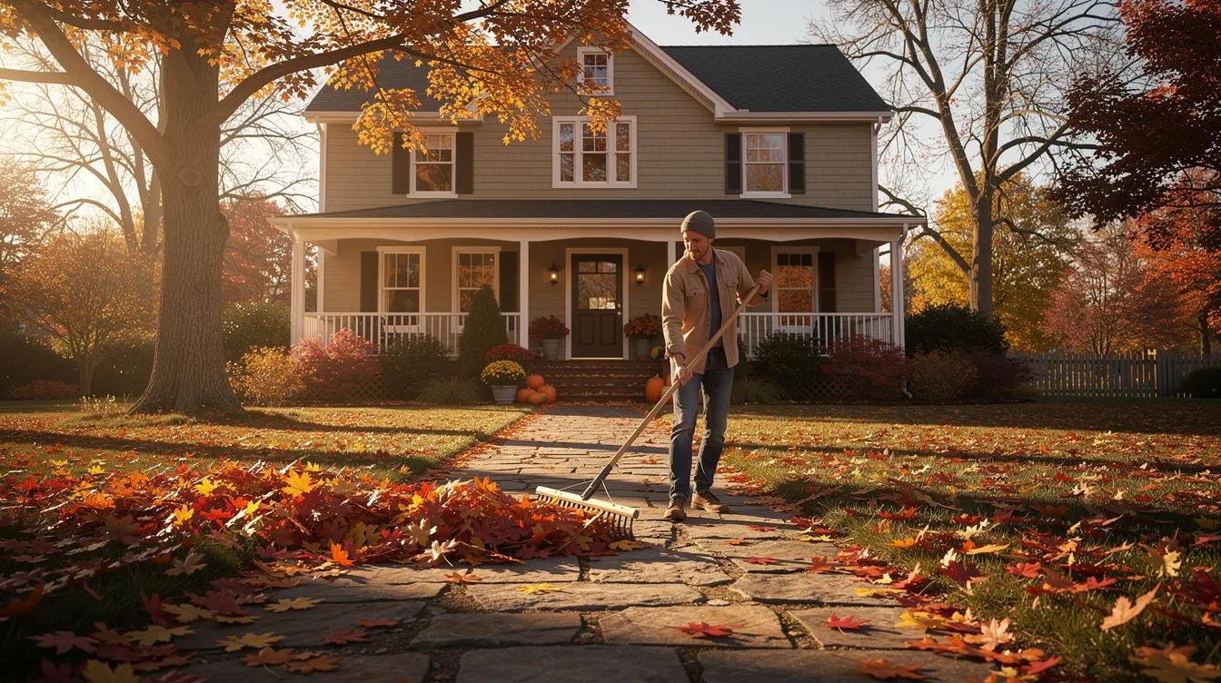 A person is raking vibrant autumn leaves off a stone walkway in front of a residential home, preparing the property's exterior for the fall season. This scene highlights the importance of fall home maintenance tips, such as cleaning gutters and inspecting outdoor spaces to prevent potential damage during cooler weather.