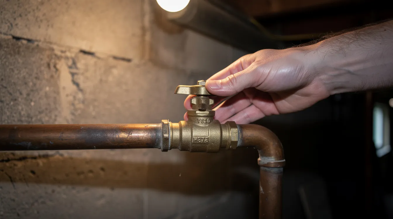 An individual is turning a brass shut-off valve on a copper pipe in a basement, indicating an urgent plumbing situation that may require immediate attention from reliable emergency plumbing services. The action suggests a plumbing emergency, possibly related to issues like burst pipes or water leaks that could lead to further damage if not addressed promptly.