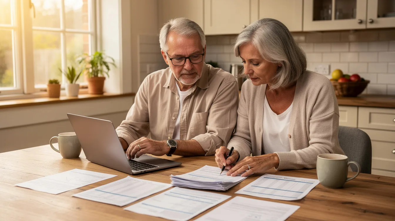 An older couple is sitting at a kitchen table, reviewing financial documents related to their health savings account (HSA) and planning for future medical expenses. They appear engaged in a discussion about retirement savings and how to manage their healthcare costs effectively.