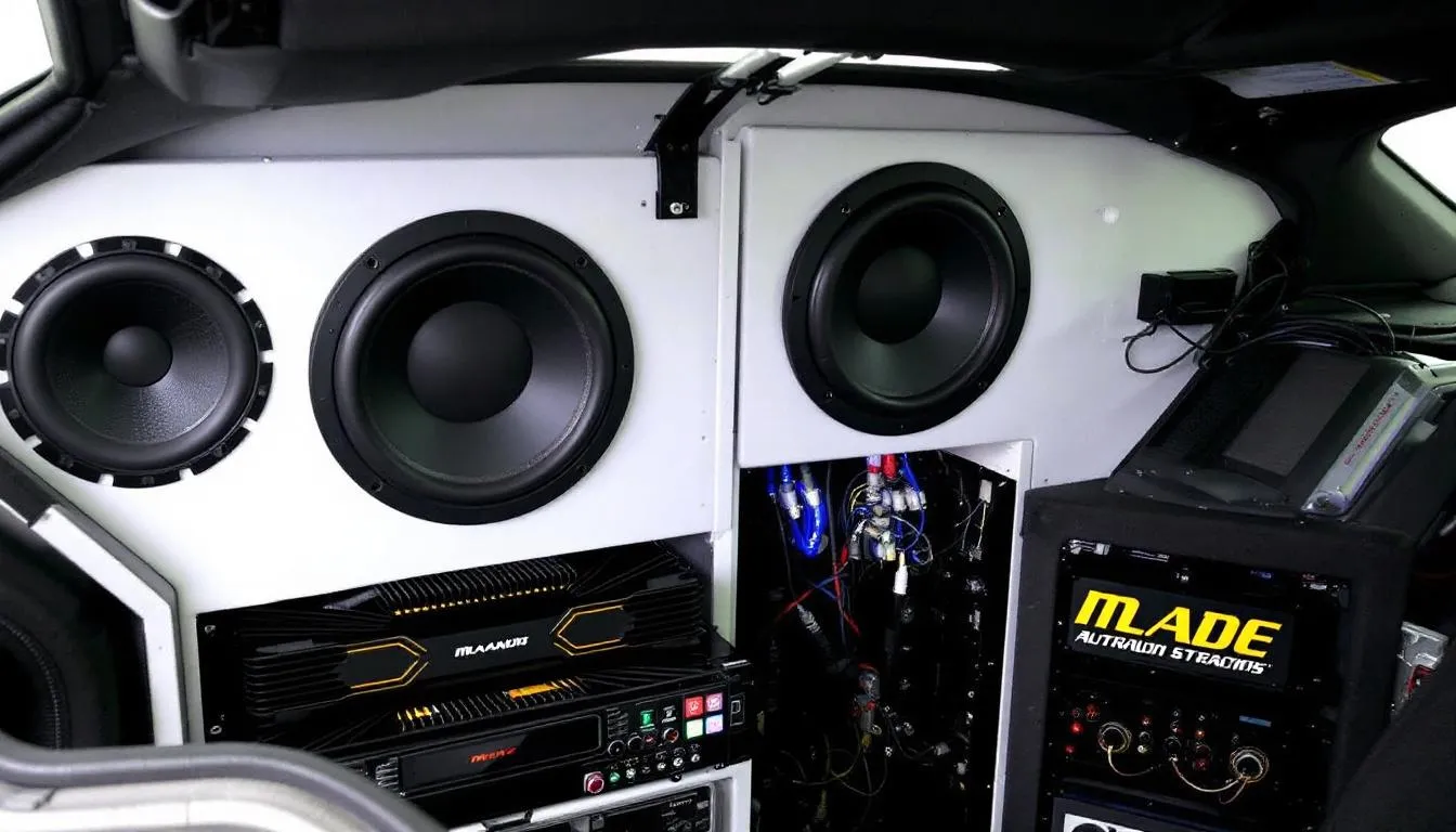 The image showcases a professional car audio installation featuring premium speakers and amplifiers, highlighting the superior sound quality designed for vehicle performance. In the background, various electronic products and tools are arranged, emphasizing the craftsmanship and passion of the installers in their business.