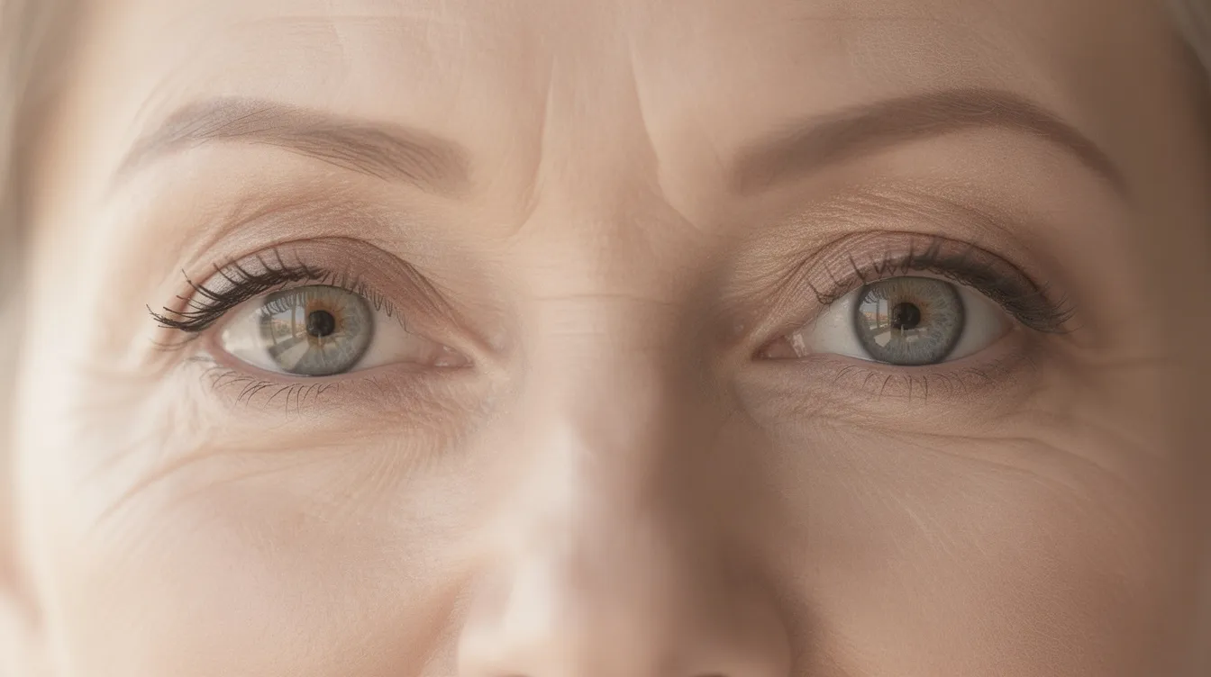 A close-up view of a mature woman's eyes showcases her bright, natural appearance with smooth eyelid contours, highlighting the effects of upper eyelid surgery. The image emphasizes her youthful look, free from heavy upper eyelids and excess skin, creating a refreshed and rested expression.