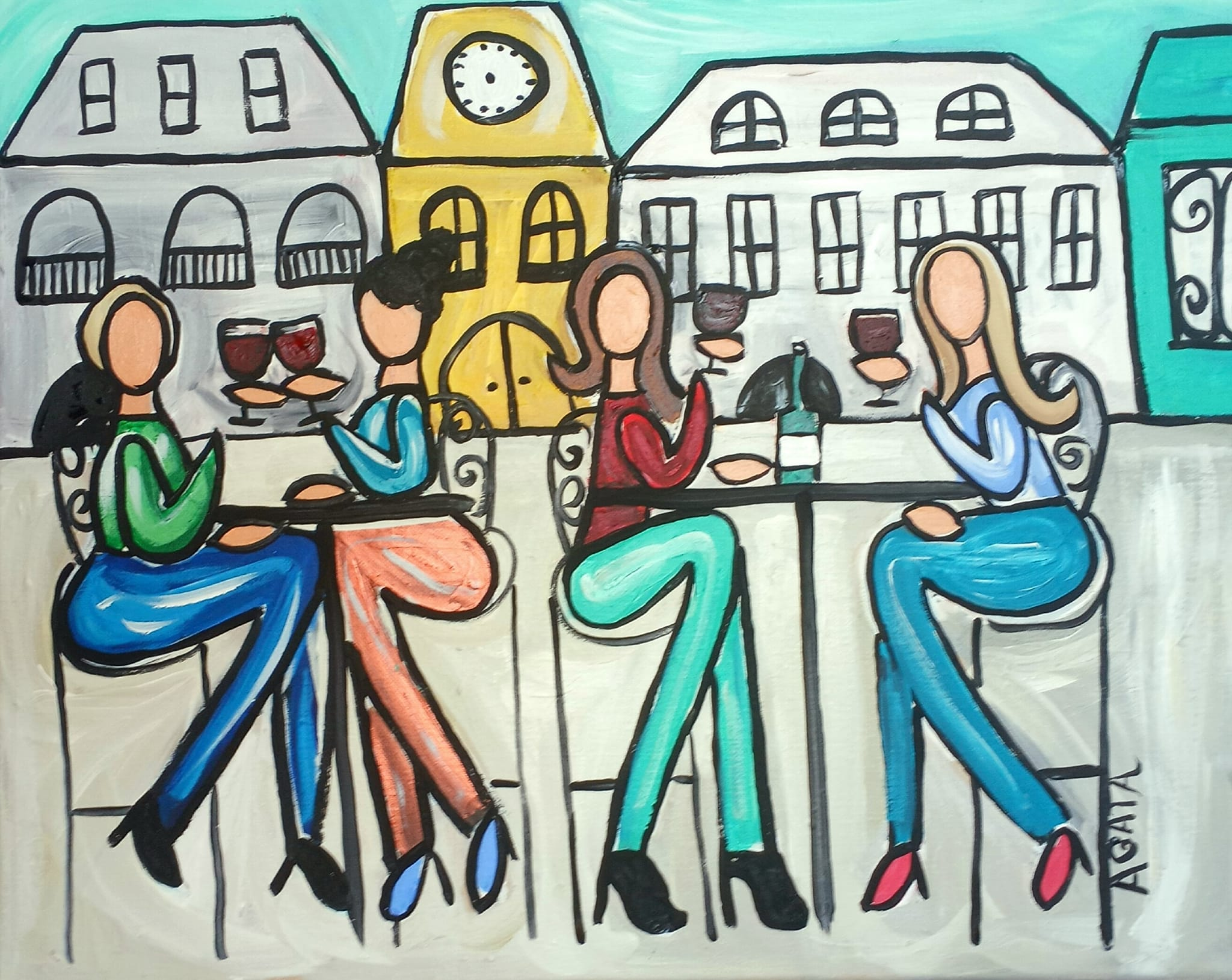 painting of women sidewalk cafe with glasses of wine