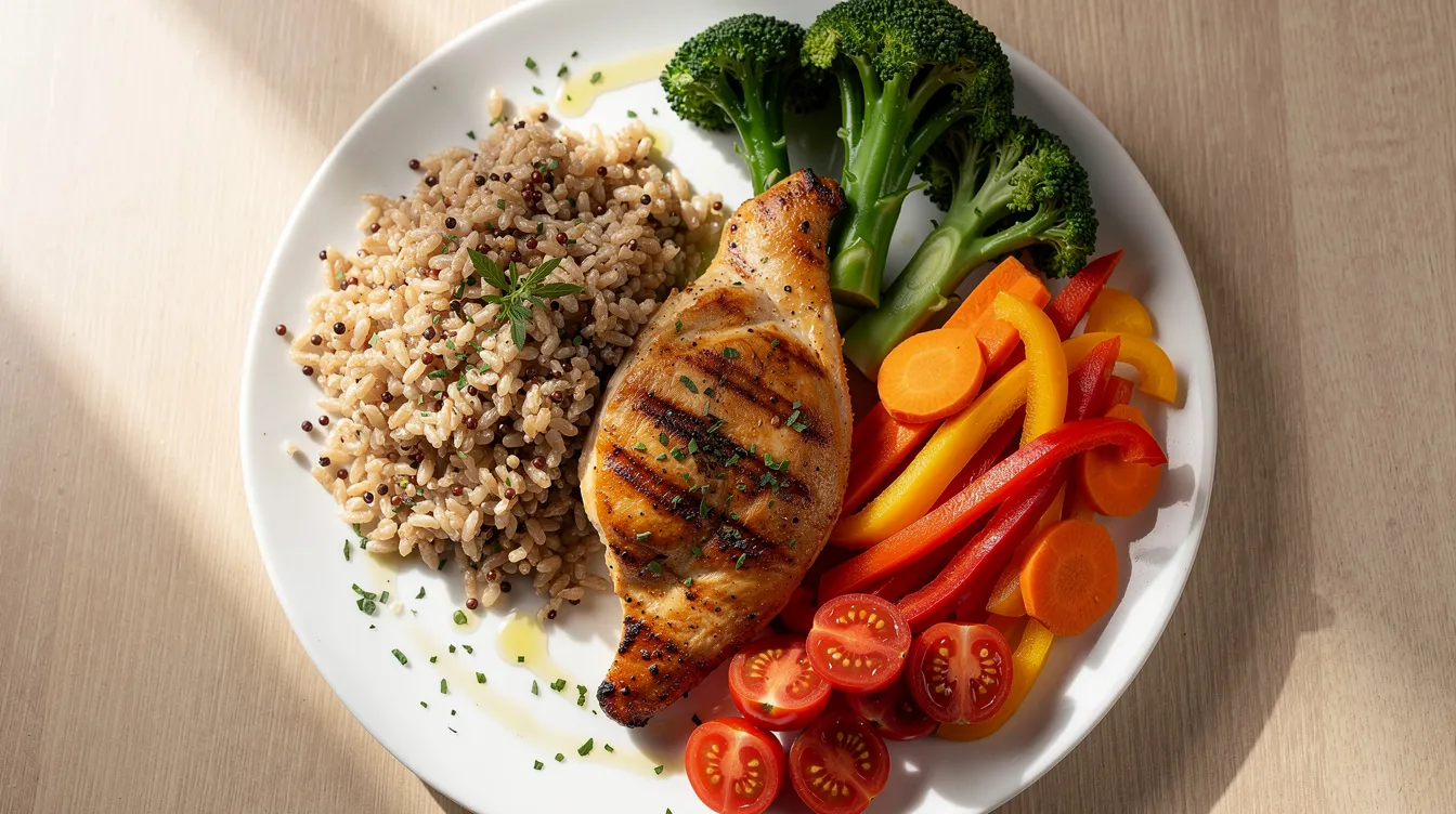 The image features a healthy meal plate showcasing grilled chicken alongside a vibrant assortment of colorful vegetables and whole grains, emphasizing a balanced diet that supports optimal healing and recovery after a liposuction procedure. This nutritious meal reflects the importance of maintaining a healthy lifestyle during the recovery process for achieving desired body contours.
