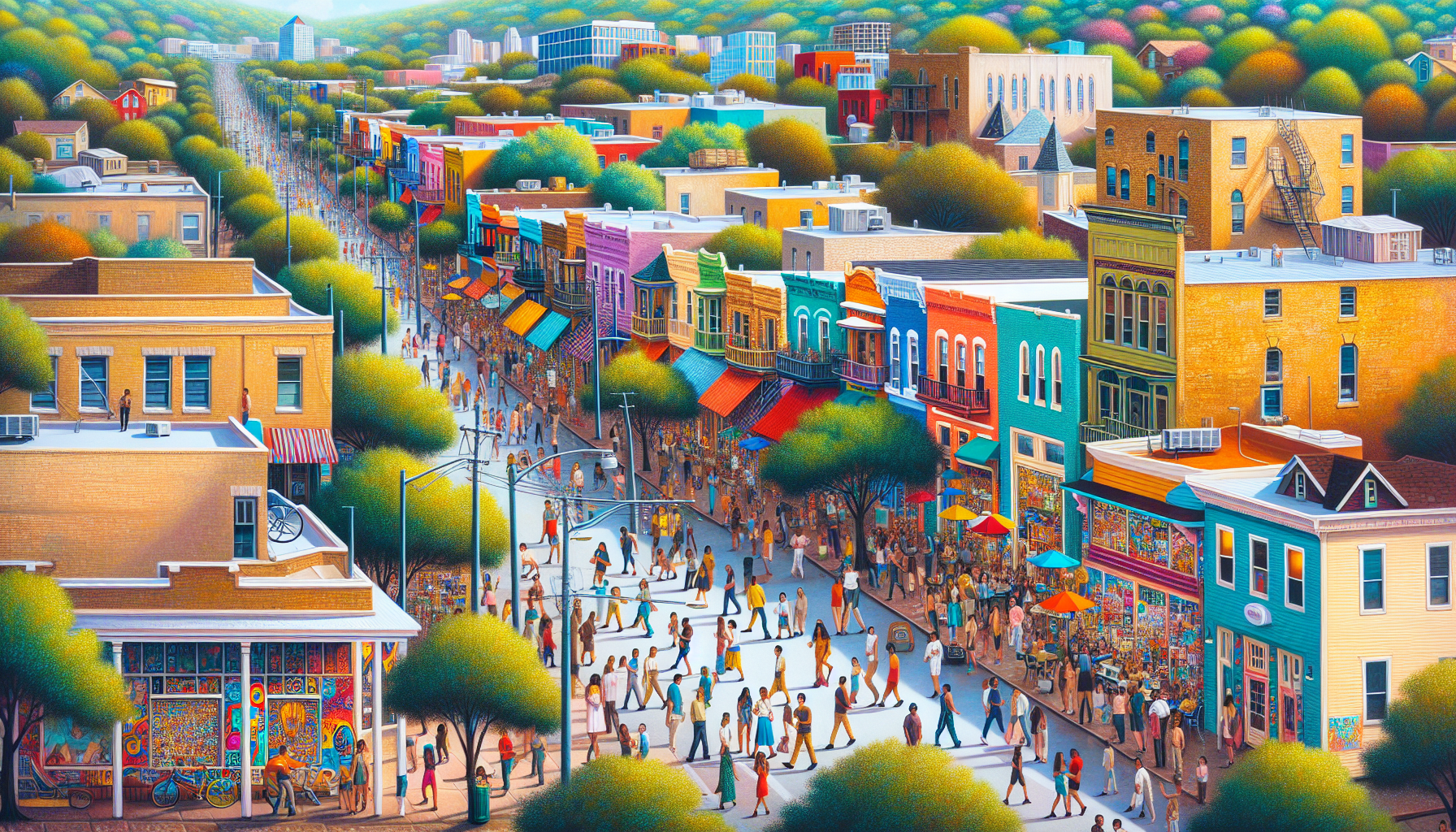 Artistic depiction of trendy East Austin neighborhood with vibrant community and green spaces