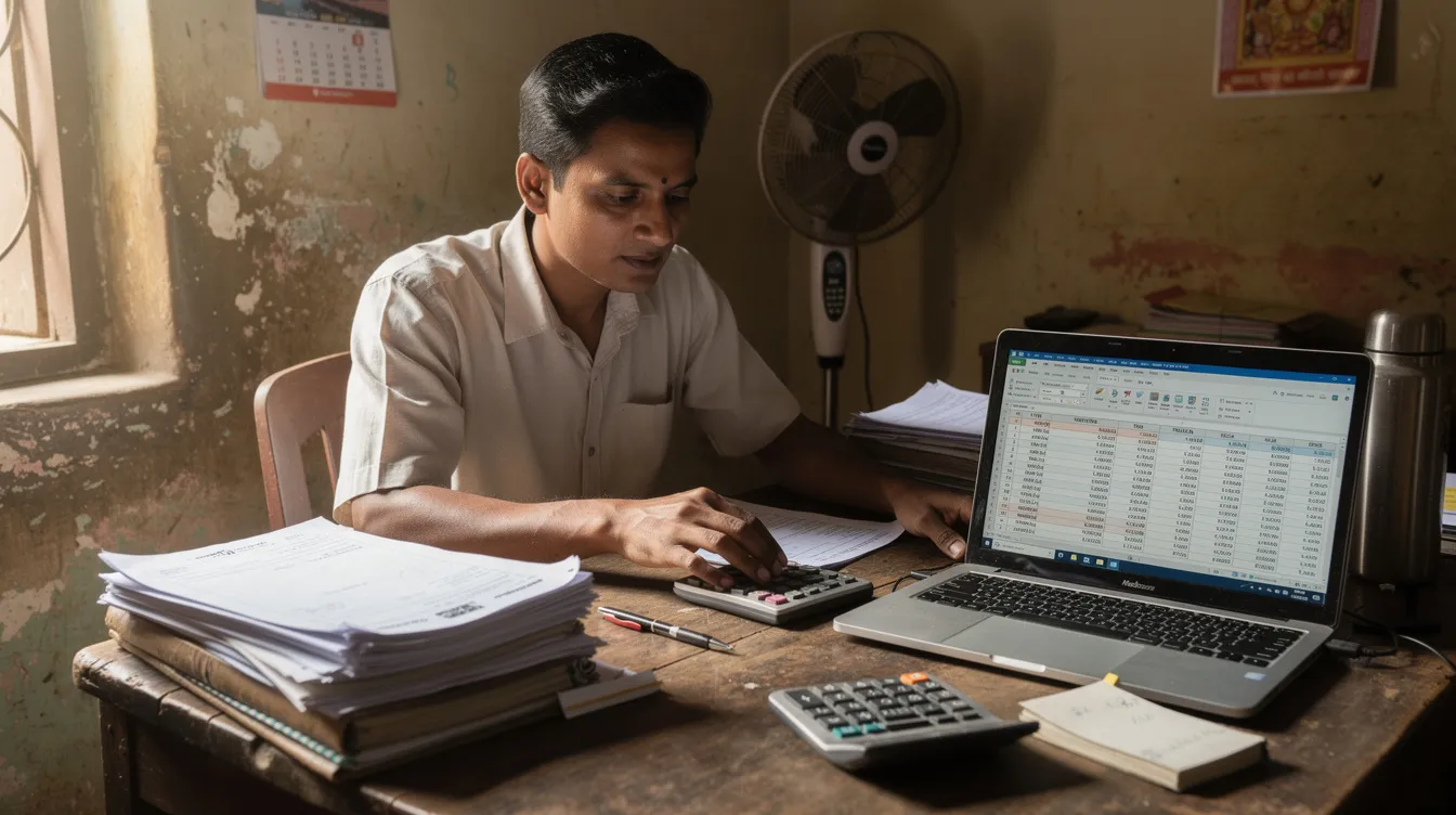 f08492e3 ae36 4eb8 a724 9c6ab57b18ac A small business owner in India is focused on reviewing financial documents, with a calculator and laptop on the desk, highlighting the importance of financial knowledge and effective cross selling strategies in managing investments and savings accounts. The scene emphasizes the need for proper consent and clear disclosure when dealing with financial products in India's financial sector.