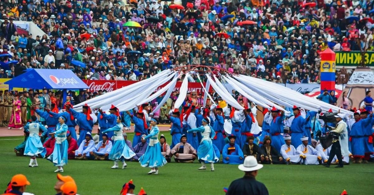 A vibrant scene from the Naadam Festival, showcasing traditional Mongolian culture.