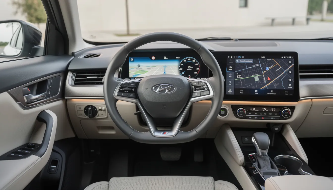 The image displays a modern car interior featuring a sleek dashboard equipped with digital displays that showcase safety technology indicators. This advanced setup highlights the importance of understanding auto insurance options, such as liability coverage and new car insurance policies, essential for protecting your investment in a new vehicle.