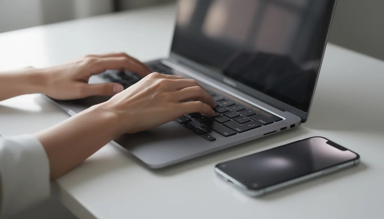 The image shows a pair of hands actively typing on a laptop keyboard, with a smartphone placed beside the laptop. The scene suggests a focus on technology, possibly related to Motorola products and services, as indicated by the presence of the smartphone.