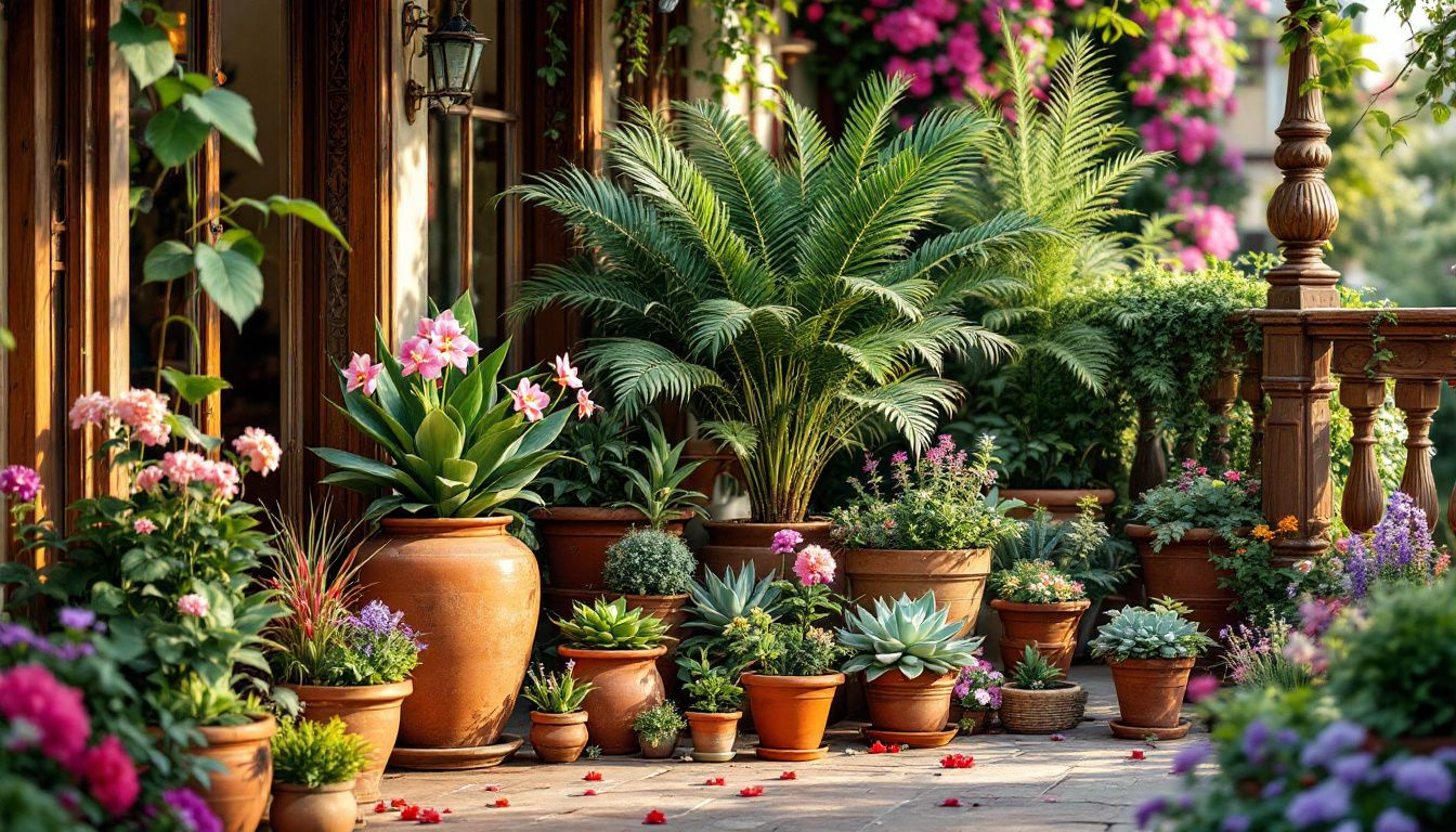 Eine Auswahl an Kübelpflanzen auf einer Terrasse, umgeben von Blumen.