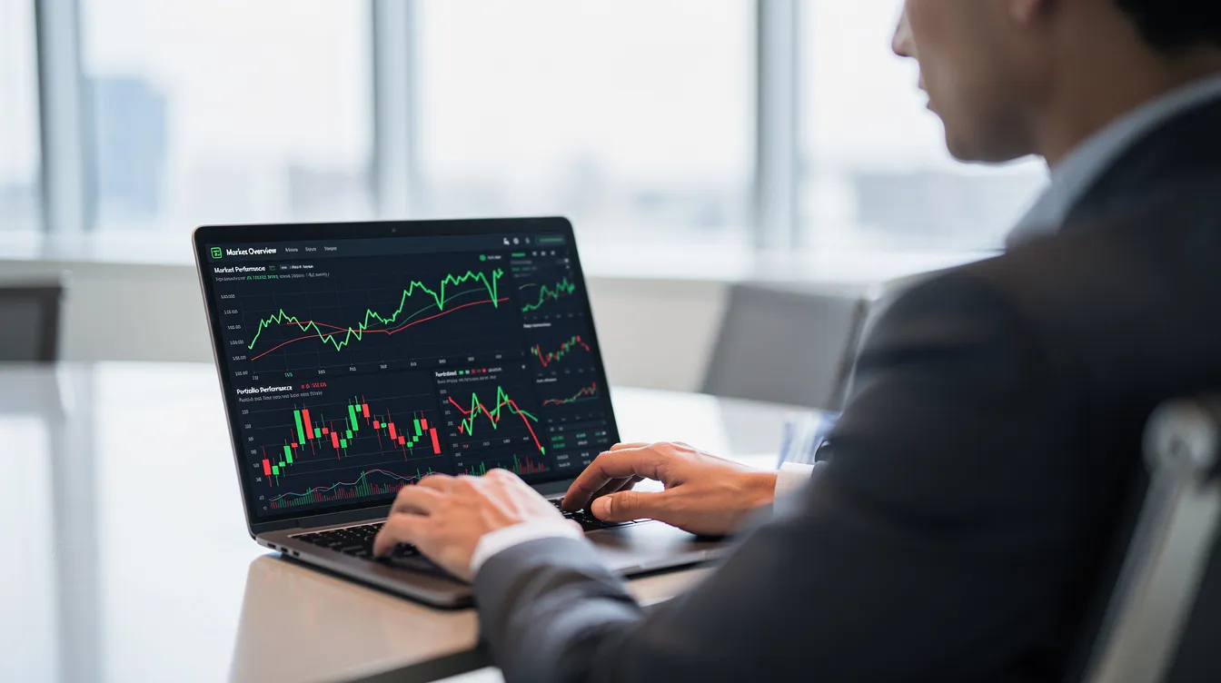 A person is focused on analyzing financial charts displayed on a laptop screen in a sleek, modern office environment, suggesting a context of business financing. This scene reflects the importance of financial management for small and medium enterprises (中小企業) and their loan applications (貸款 申請).