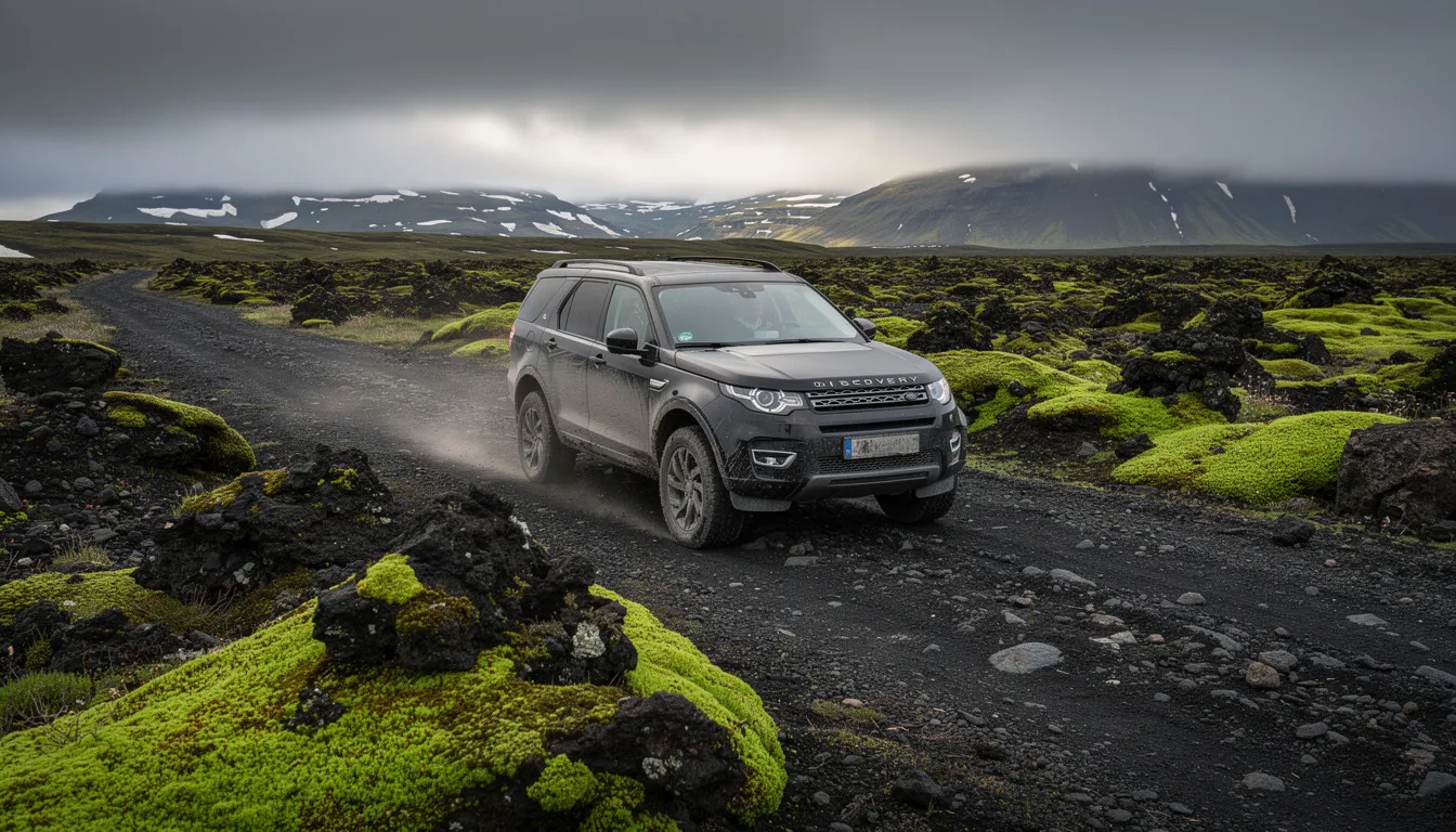 Une SUV traverse un paysage spectaculaire de lave recouverte de mousse en Islande, mettant en valeur la beauté sauvage du pays. Ce décor unique est idéal pour une aventure en voiture de location, offrant aux visiteurs une immersion dans les paysages volcaniques et verdoyants de l'île.