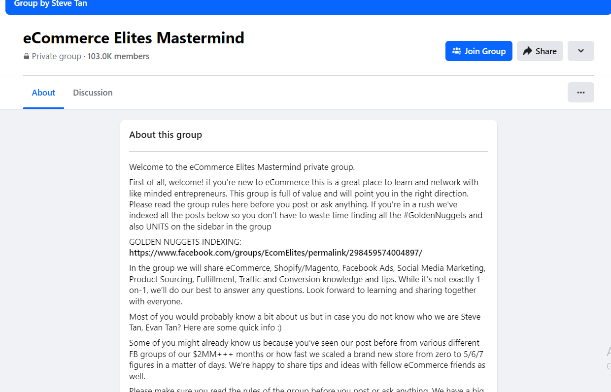 The Ecom Elites Facebook group, with over 103,000 members, is an excellent resource for Shopify users aiming to build a profitable dropshipping business.