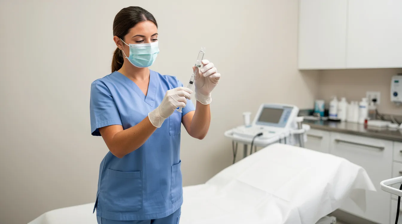 A clinician is seen preparing an injectable treatment in a clean exam room, focusing on a non-surgical butt lift procedure. The environment is sterile and organized, emphasizing the importance of safety and professionalism in cosmetic surgery.