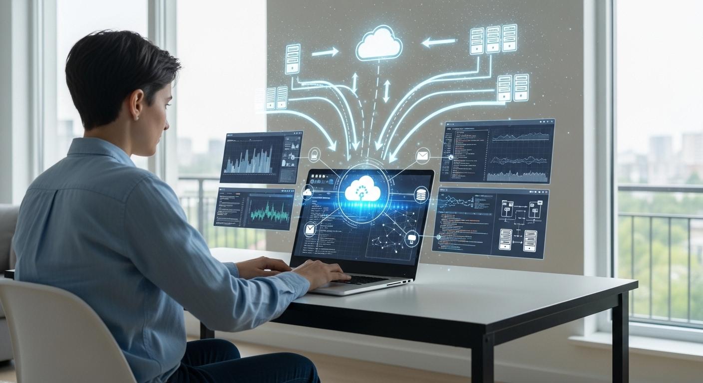 Remote user working on a laptop connected to cloud-hosted virtual machines, highlighting centralized computing and storage.