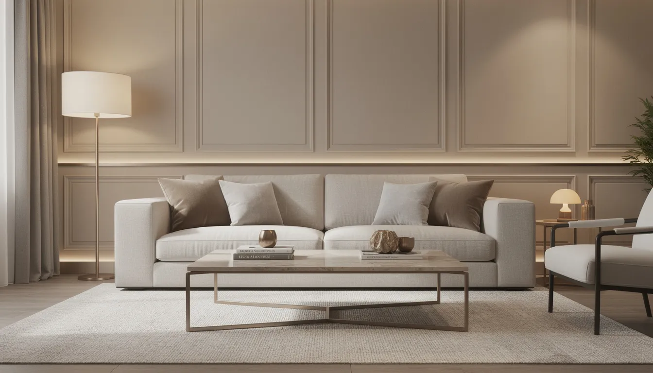 Een stijlvolle woonkamer met houten wandpanelen en een luxe bank, verlicht door sfeervolle led verlichting. De ruimte straalt een moderne en rustgevende sfeer uit, perfect voor ontspanning en gezelligheid.