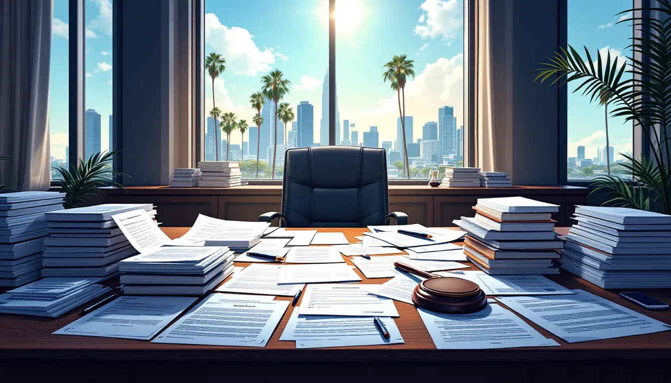 An illustration depicting various legal documents related to estate planning and probate mediation.