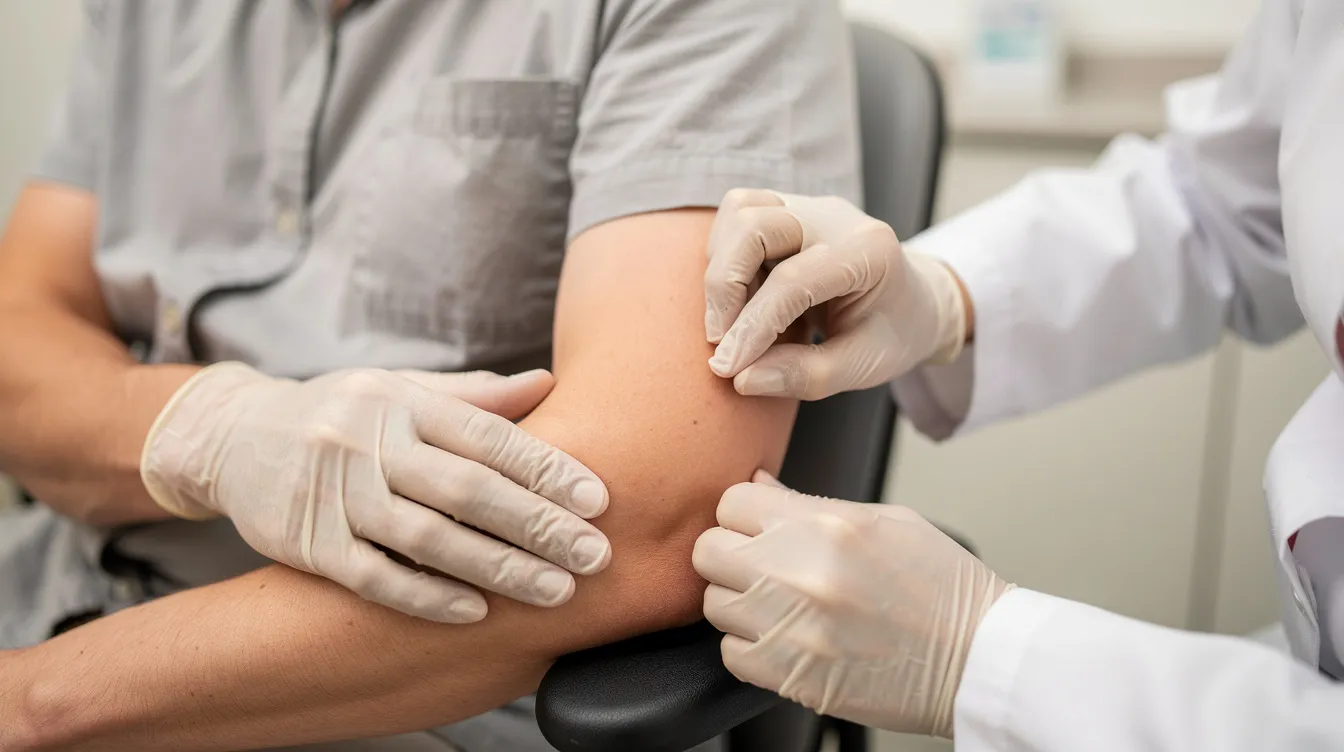 A surgeon's hands are gently examining the inner upper arm of a patient, discussing the potential for an arm lift procedure to remove excess skin. The area shows signs of redness and a short scar from a previous surgery, highlighting the texture and tension of the skin.