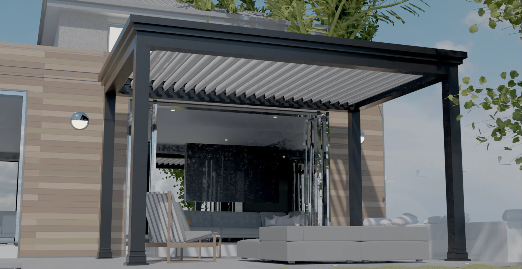 Beautiful outdoor space, aluminum pergola kit with a motorized louvered roof.