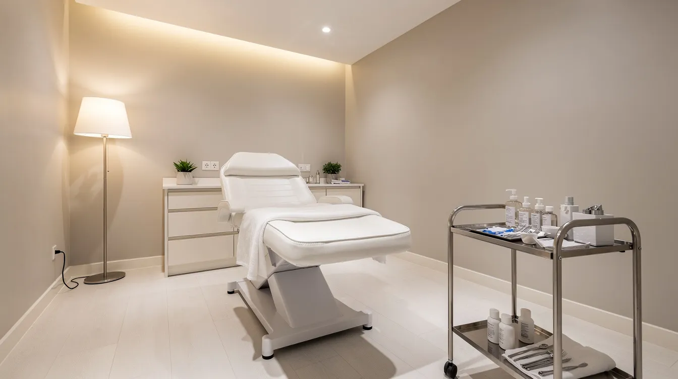 The image depicts a clean and modern medical spa treatment room featuring a comfortable procedure bed, soft ambient lighting, and neatly organized medical supplies on a side table, ideal for non-surgical procedures like liquid BBL and injectable dermal fillers. The serene environment is designed to promote relaxation and enhance the patient's experience during body contouring treatments.