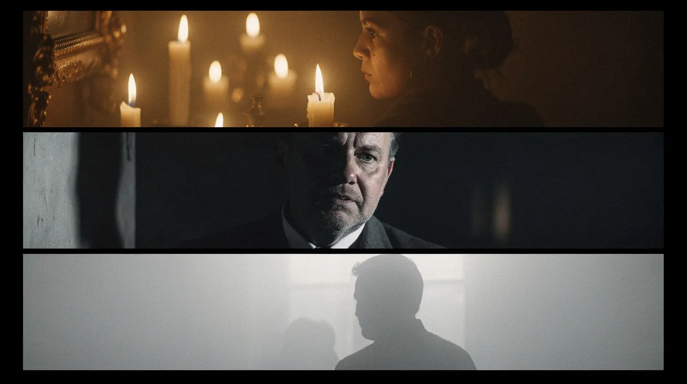 Die Bildreihe zeigt drei verschiedene Filmstills: Oben eine warme, goldene Szene mit sanftem Kerzenlicht, in der Mitte eine kontrastreiche Szene mit harten Schatten, und unten eine fast monochrome, graue Szene mit diffusem Gegenlicht. Diese visuelle Darstellung könnte an die magische Atmosphäre der "Harry Potter"-Filme erinnern, die oft mit Licht und Schatten spielt.