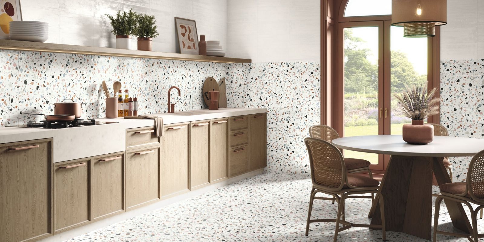 Beige aesthetic kitchen and dining area