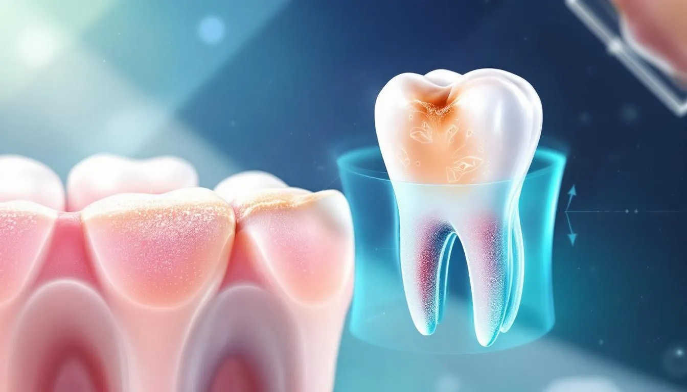A close-up of a tooth showing enamel damage, illustrating how Coke affects tooth enamel.