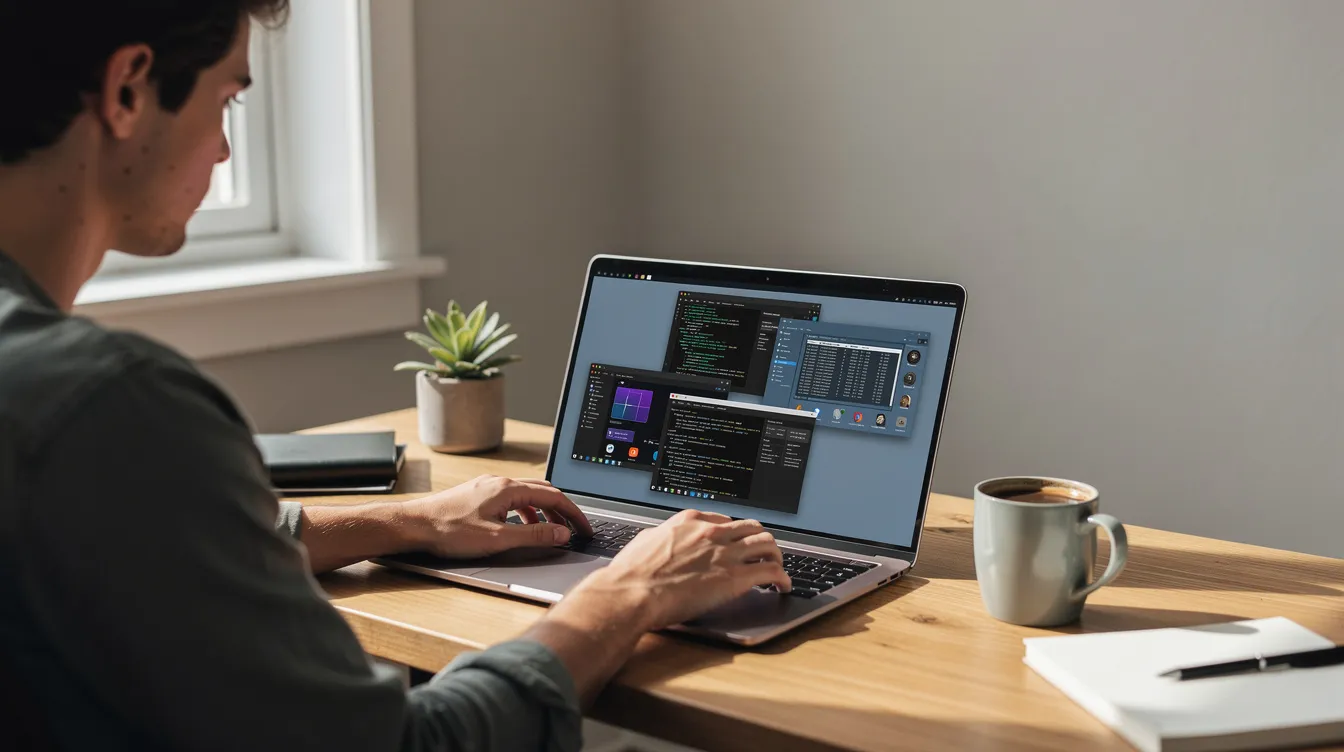 A person is seated at a home desk, focused on a laptop with multiple virtual machine windows open, likely conducting tasks related to cybersecurity, such as threat detection or risk analysis. This scene reflects the work environment of cybersecurity analysts who manage network security and respond to potential threats.
