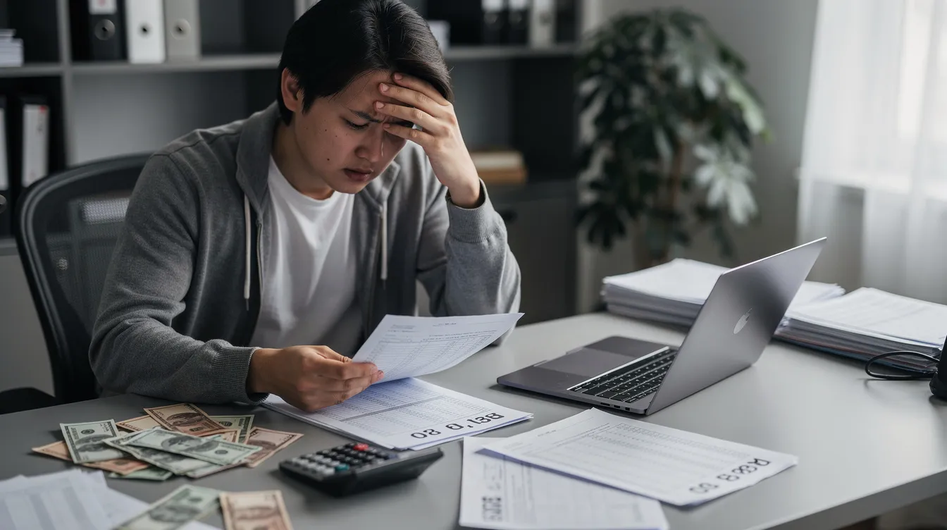 A worried person sits at a desk, reviewing financial documents that include details about their loans and credit card balances. The documents may contain information about their monthly payments, interest rates, and repayment plans, indicating a need for debt restructuring or financial assistance.