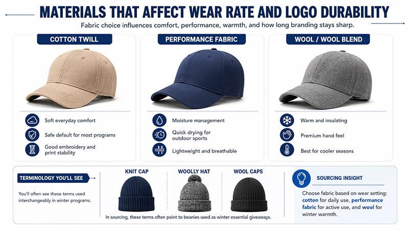 cap materials infographic comparing cotton twill performance fabric and wool blend for comfort wear rate and logo durability
