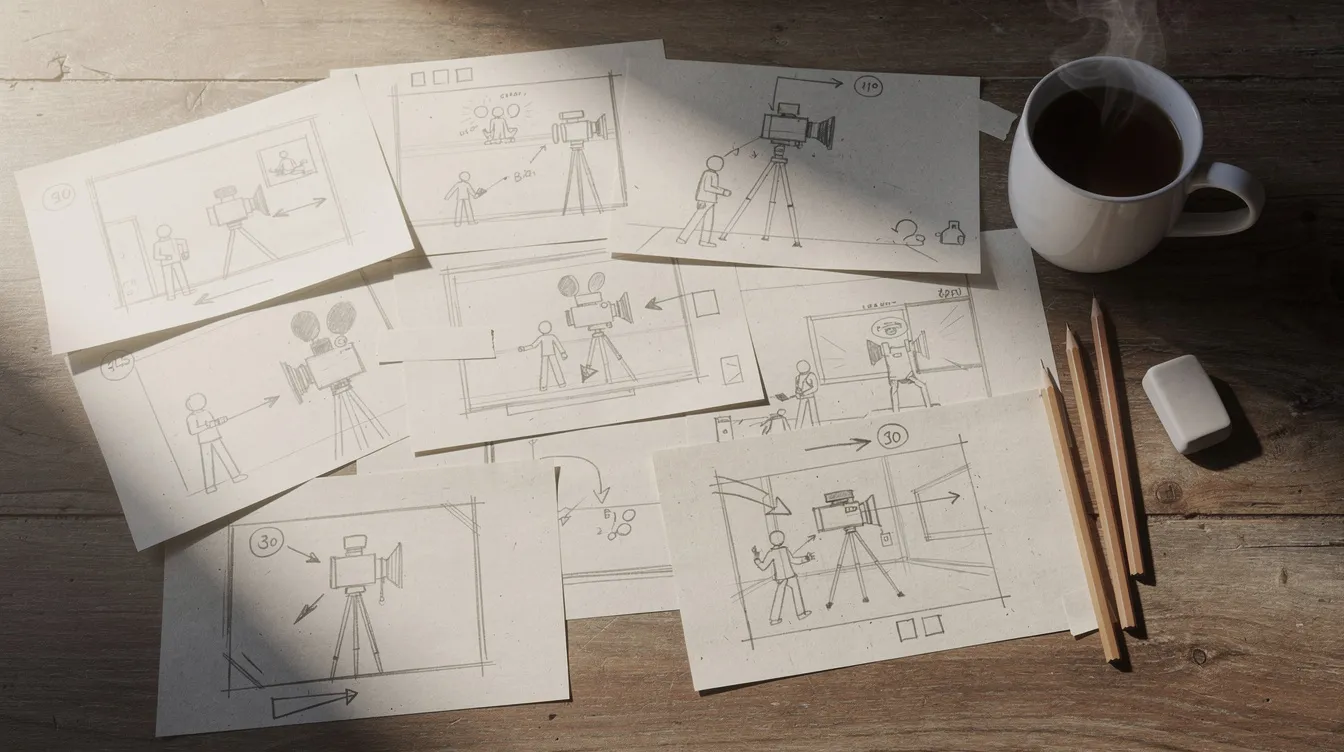 Auf einem Schreibtisch liegen storyboard-ähnliche Skizzen, die grobe Zeichnungen von Filmszenen und Kamerablickwinkeln zeigen, umgeben von einer Tasse Kaffee und Bleistiften. Diese kreative Anordnung erinnert an die Arbeit der Coen Brüder und könnte Inspiration für eine Szene aus der Serie "Fargo" bieten.