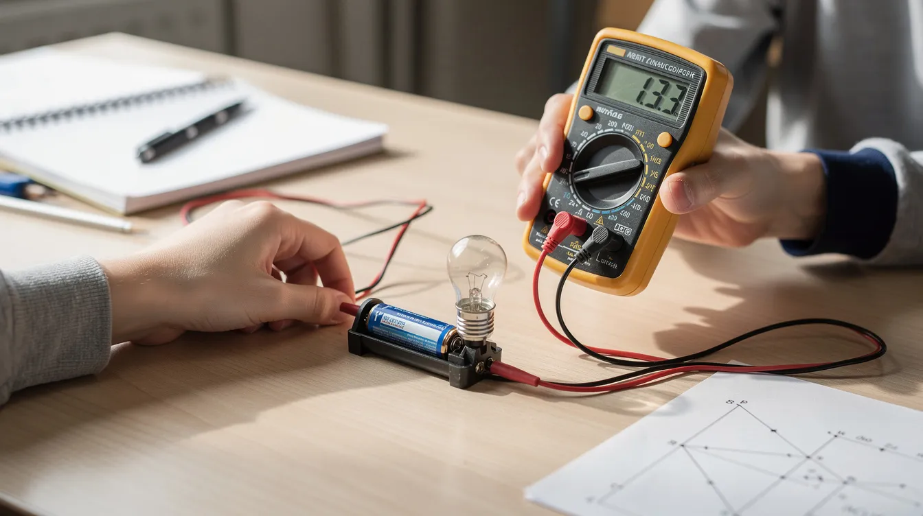 Na biurku widoczne są ręce ucznia trzymającego multimetr cyfrowy, który mierzy prąd elektryczny w prostym obwodzie z baterią i żarówką. Obrazek ilustruje praktyczne zastosowanie zasad fizyki w klasie 8, związane z prądem i magnetyzmem.