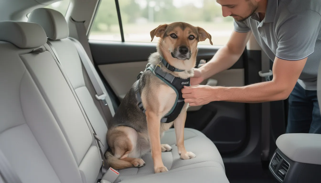 A person is adjusting a dog harness on a medium-sized dog seated comfortably in the back seat of a car, ensuring the furry friend is secure for the car journey. The image highlights the importance of using dog harnesses and seat belts for pet safety while traveling.