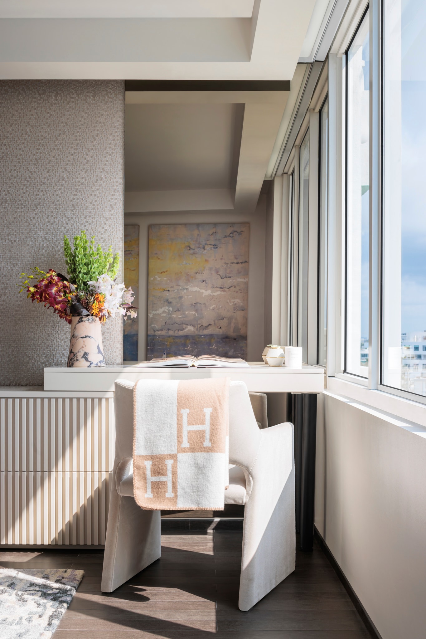 A vignette from the primary bedroom of House of One's South Pointe Towers project in Miami Beach, Florida.