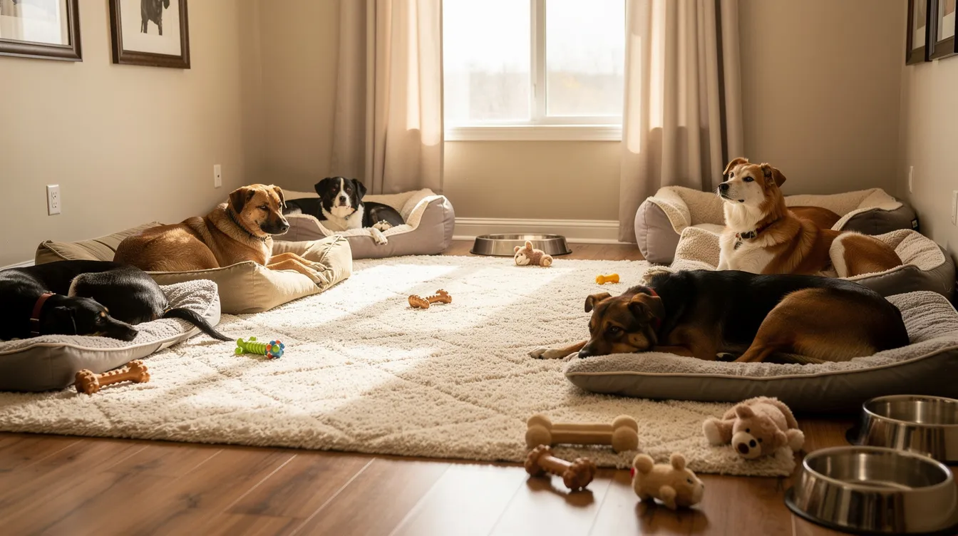 Two large dogs are lounging comfortably in a spacious indoor boarding suite at a home pet resort, surrounded by soft bedding and toys, enjoying a peaceful moment together. This pet paradise in Arizona ensures a safe and happy environment for dogs while their pet parents are away.