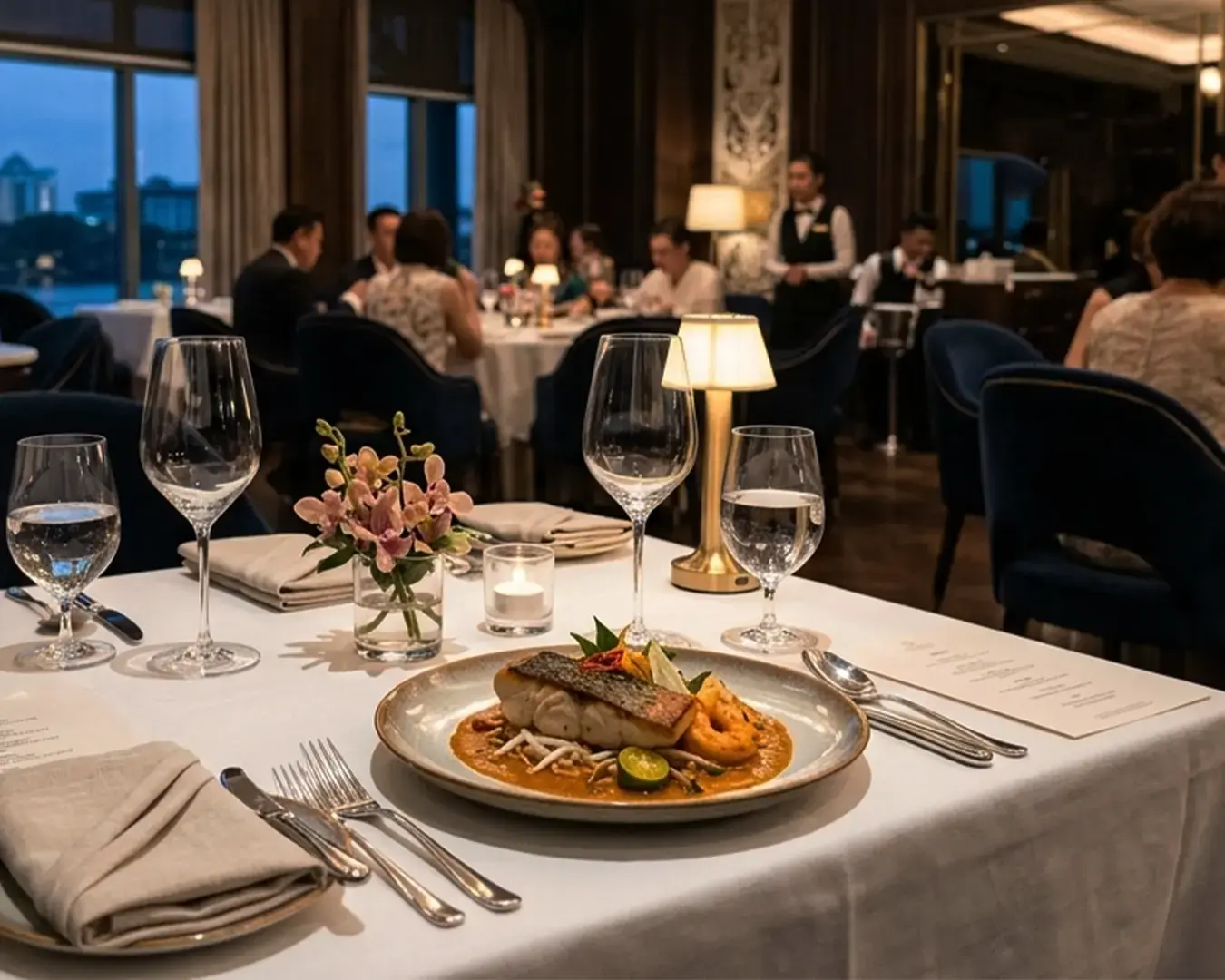 Elegant dining scene in a dimly lit restaurant, with a plated gourmet meal on a white tablecloth. Patrons converse and staff attend in the background.