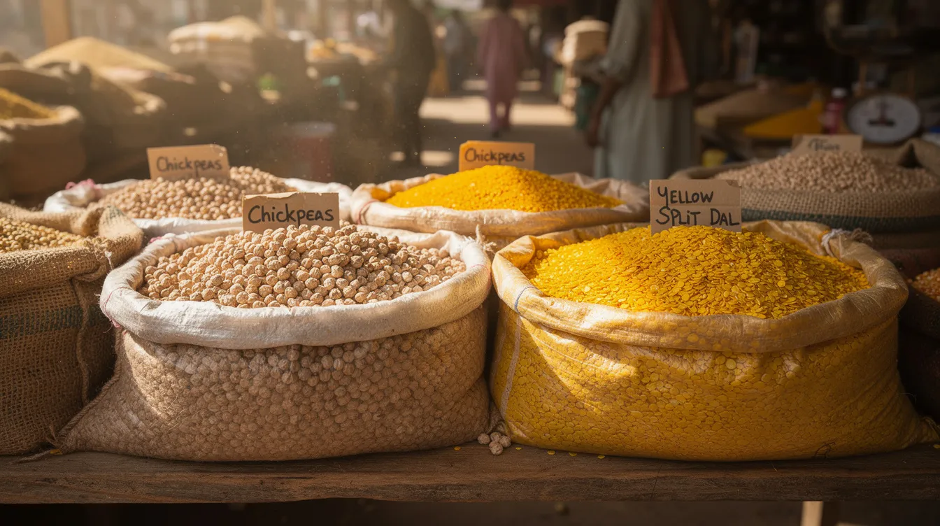 f096bce9 1a02 4349 9965 fcc8bdcf50c6 The image shows bags of raw chickpeas and processed yellow split dal neatly arranged side by side in an agricultural market, highlighting the diversity of pulses available for sale. This setting reflects the pulse processing industry in India, showcasing essential raw materials for dal mill businesses.