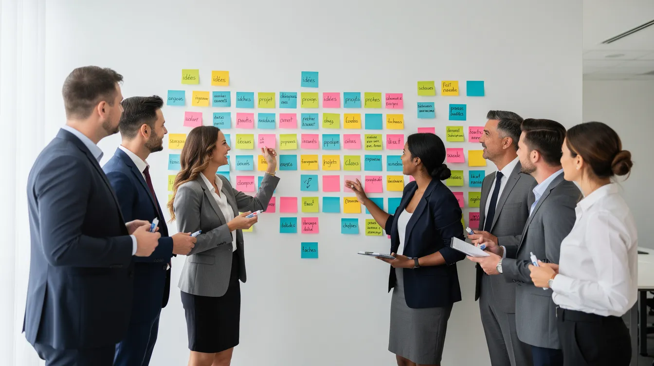 L'image montre un groupe de professionnels debout en cercle, collaborant autour de notes adhésives colorées fixées sur un mur blanc, illustrant un travail collaboratif essentiel pour le développement de l'intelligence collective au sein de l'équipe. Cette mise en place favorise la communication et la cohésion, des éléments clés pour atteindre les objectifs d'entreprise.